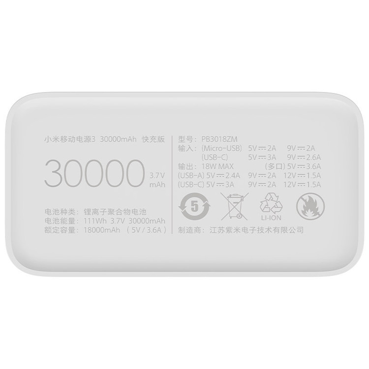 پاوربانک 18 وات شیائومی مدل Mi PB3018ZM ظرفیت 30000 میلی آمپر